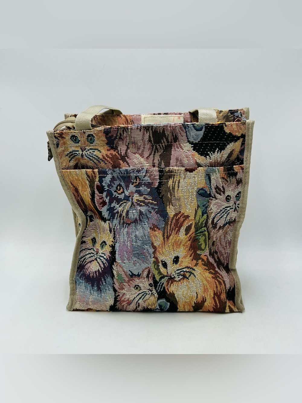 Cat Print Tapestry Shoulder Bag Shopping Tote Handles Lined Embroidered AOP VTG